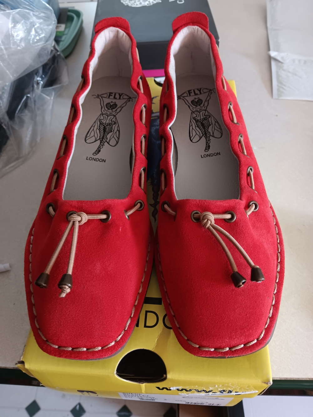 FLY London Womens Red Suede Moccasin Loafers Size 7-7.5